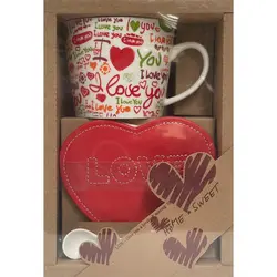 Home Sweet set porculanska šalica, podmetač u obliku srca i žličica u poklon pakiranju, LOVE 