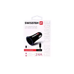 Swissten punjač za auto, 2xUSB, 2.4A, crni + kabel za punjenje USB - microUSB 