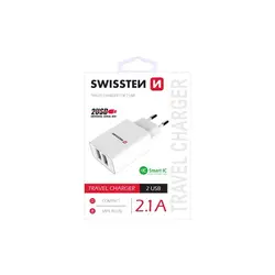 Swissten punjač za AC220, 2xUSB, 2.1A, SMART IC, bijeli 