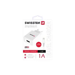 Swissten punjač za AC220, 1xUSB, 1A, bijeli + LIGHTNING kabel 