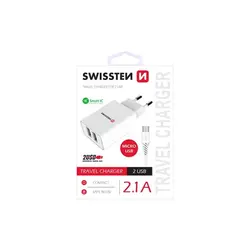 Swissten punjač za AC220, 2xUSB, 2.1A, SMART IC, bijeli+ microUSB kabel 
