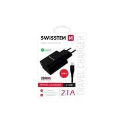 Swissten punjač za AC220, 2xUSB, 2.1A, SMART IC, crni + USB-C kabel 