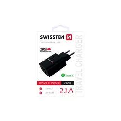 Swissten punjač za AC220, 2xUSB, 2.1A, SMART IC, crni + LIGHTNING MFI kabel 