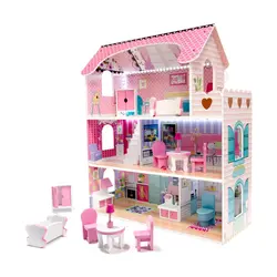  Drvena kućica za lutke namještaj 70cm roza LED 
