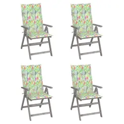 Garden nagibne vrtne stolice s jastucima 4 kom, masivno bagremovo drvo  - Siva/cvjetna