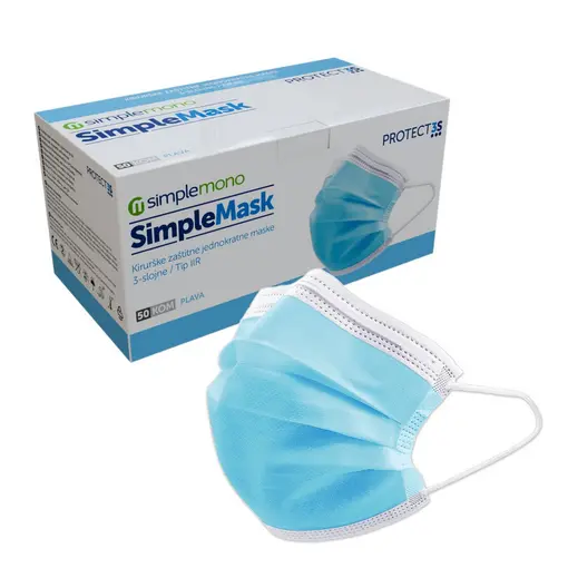 Kirurške maske s gumicom, troslojne, TIP IIR, boja PLAVA - SimpleMask - 50 kom