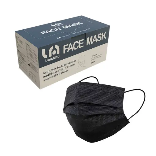 Kirurške maske TIP I, troslojne s gumicom, boja CRNA - Lyncmed - 200 kom