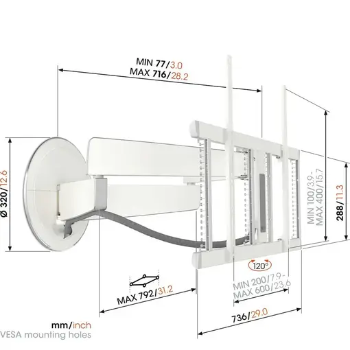 TVM7655WH, zidni stalak za ekrane od 40“-77“, pomak 120°,max 35kg bijeli