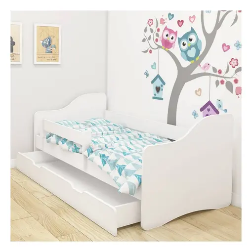 dječji krevet  bez motiva, bočna bijela + ladica 140x70 cm