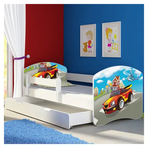 Racing car drveni dječji krevet s bočnom stranicom i ladicom