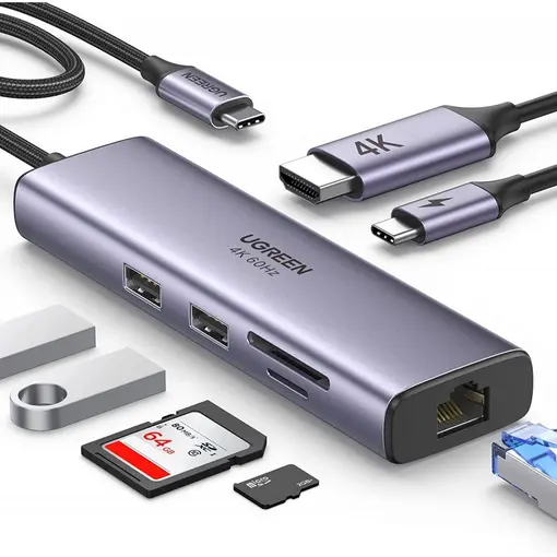 7u1 USB-C HUB HDMI+RJ45+čitač kartica+USB+PD 100W