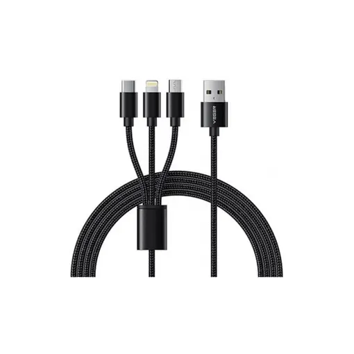 V303 pleteni kabel 3v1 USB-A na USB-C/Lightning/MicroUSB, 1,5m, crni