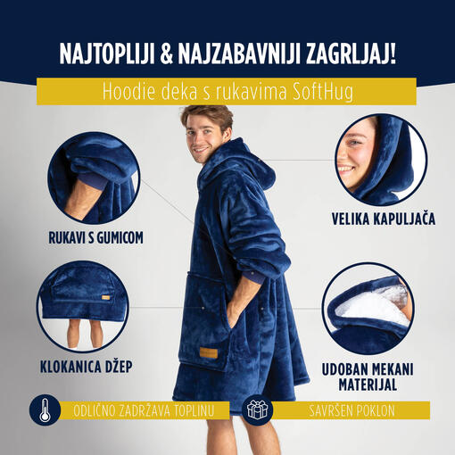 SoftHug Hoodie pokrivač/deka s rukavima za odrasle, plava