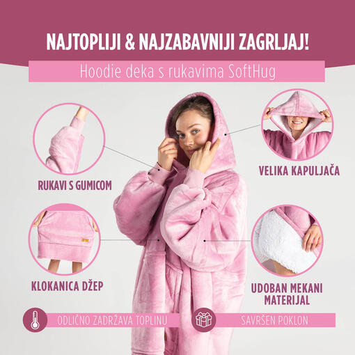 SoftHug Hoodie pokrivač/deka s rukavima za odrasle, roza