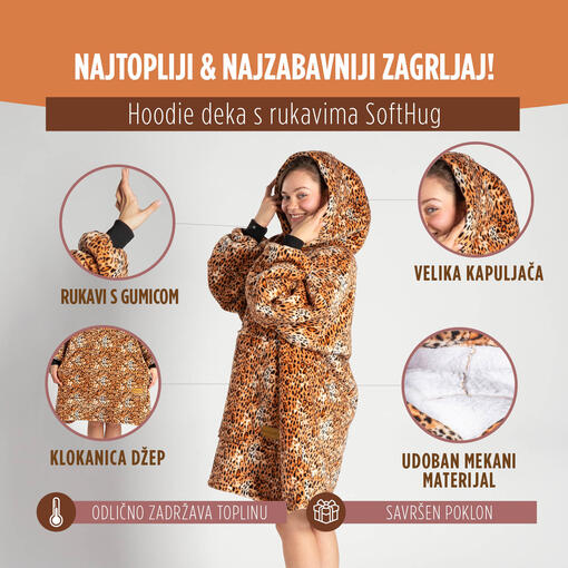 SoftHug Hoodie pokrivač/deka s rukavima za odrasle, leopard